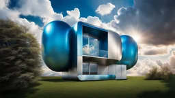 floats in sky between big clouds a high photorealistic futuristic unique metal house , high textures, blue sky, sunshine, Professional photography, bokeh, natural lighting, canon lens, shot on dslr 64 megapixels sharp focus, stunnig