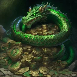 A green dragon coiled around a pile of treasure