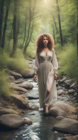 a very beautiful lady curly hair, walks in the forest with a narrow river with clean water and nice rocks on floor. The trees and wild flowers .