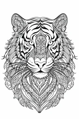 outline art for an Adult coloring page, Sketch style, only use outline< Mandala style Tiger, clean line art, white background, no shadows and clear and well