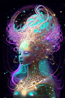 Goddess of music with holographic images, stars, planets, crescent moon, musical notes, musical notation, particles, all floating around her head and body): iridescent turquoise metal, pink and gold optic fibre hair, robot, electric, neon, nebula, light shards, iridescent galaxy metal, glowing tendrils and threads for hair, electric wires, hair swirling and billowing, lighting effects, neon blue synth wave patterns, pearlescent, digital background, shiny