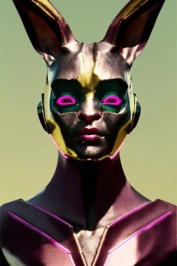 Medium Close Up Portrait, Front image. cyberpunk, rabbit mask, Afro woman, pink hair. Titanium suit. Red, black, gold, color. Punk style. Color background, photo studio. Avatar image, highly detailed, concept art, smooth, unreal engine 5, god rays, ray tracing, RTX, lumen lighting, ultra detail, volumetric lighting, 3d, finely drawn, high definition, high resolution.