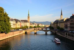 Create hypeCreate hyper-realistic photo of [Swiss] riverside escape . Soft bright daylight, . DSLR quality, sharp focus.r-realistic photo of [Paris] city scape. . Soft bright daylight, . DSLR quality, sharp focus.
