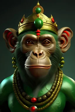 monkey king A green monkey wearing a crown He looks serious with red eyes With a beautiful Roman necklace around his neck