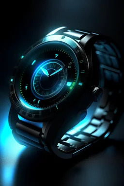Generate an image of a frosted watch in a high-tech, futuristic environment. The watch should appear sleek and cutting-edge, with holographic displays and a cyberpunk aesthetic."