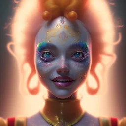 Ultra detailed very beautiful smileing clown girl,beautiful real skin, red nose, symmetrical, ultra detailed curl hair, soft lighting, ultra detailed face, concept art, circus,party, digital painting, octane render, art by artstation