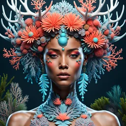 woman 3D rendering of an impressively detailed and complex hyper-realistic "coral": front view, colorful, antlers, rainforest, tribalism, detailed flowers, shamanism, cosmic fractals, dystopian, octane rendering, post-production 8k, dendritic, artstation: award-win : Professional Portrait: Atmospheric: Powerful: Fantastic: Clarity: 16k: Ultra Quality: Astounding: Brightness: Stunning Colors: Stunning Depth