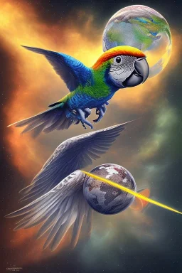 Parrot is flying in the space and is holding the earth in his claws. Surrealism.