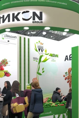 Corner green exhibition stand of a food company with product displays and a meeting area