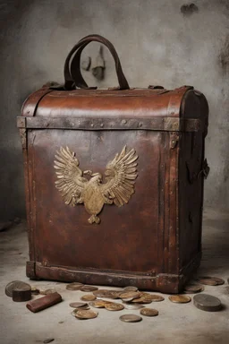 in the BASEMENT there is an old, broken brown oblong leather chest with short handles, with a hole on the side, gold coins from the time of Catherine the Great fall out of it. The ancient coat of arms of tsarist Russia, the double-headed eagle, is BARELY VISIBLE on the bag. All in high quality 8K