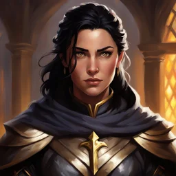 portrait; dungeons and dragons; short; female; Paladin; the fathomless; shoulder length black hair; braids; gold eyes; cloak; scar on her face; 40 year old, battle hardened, oil painting