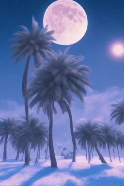 1980's aesthetic vaporwave palm trees with lighting with moon in the winter snow