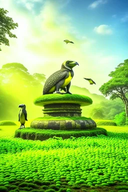 big birds and a monkey on a camo ufo on stone pillars in the middle of brazilian jungle, terror from the deep creatures, crashlanding, depth of field, light rays, mist