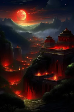 View of an ancient walled city sitting in a valley as viewed from the rim of the valley, the city is lighted by torches placed along the walls with windows high upon the wall, One window has a scarlet cord draped out reaching the ground, the sky is dark and surrealistic with planets and moons on the horizon, the rim of the valley has armored soldiers laying in wait while 2 spies work their way down to the outside of the city wall where the scarlet cord hangs from the window above