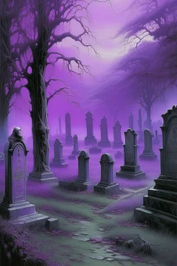 A purple graveyard with dancing ghosts painted by Francis Danby