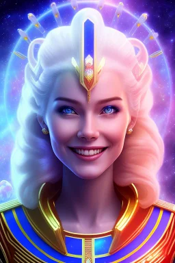 young cosmic woman smile, admiral from the future, one fine whole face, large cosmic forehead, crystalline skin, expressive blue eyes, blue hair, smiling lips, very nice smile, costume pleiadian,rainbow ufo Beautiful tall woman Galactic commander, ship, perfect datailed golden galactic suit, high rank, long hair, hand whit five perfect detailed finger, amazing big blue eyes, smilling mouth, high drfinition lips, cosmic happiness, bright colors, blue, pink, gold, jewels, realistic