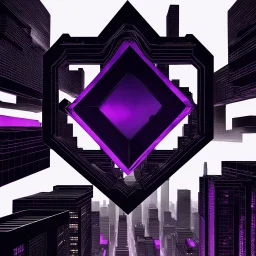 a large dark black ominous rhombus shaped structure with a neon purple outline floating high above a dystopian monochrome city