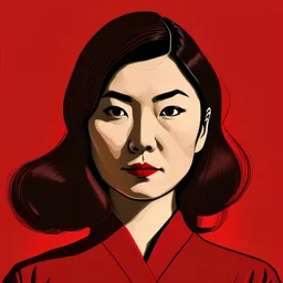 Illustration of a 30 year old Japanese woman with with dark brown hair, front view, red background