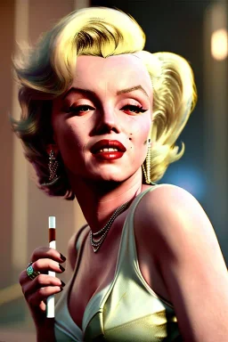 Marilyn Monroe, in full growth, smokes a cigarette, cyberpunk2077, photorealistic, 8k