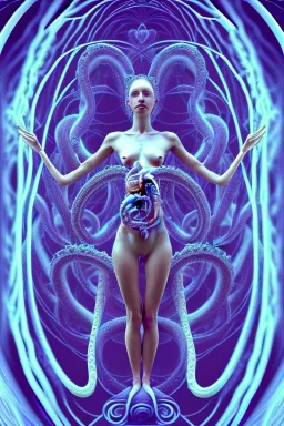 Spiritual being with Tentacles over human Head creating reality around, wrapping Spiral around Human, Psychedelic