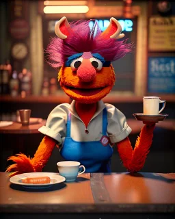 Pub scene, hybrid character, waitress woman with monster muppet mask that covers her entire head, retro style, Sesame Street style, smooth, unreal engine 5, god lights, ray tracing, RTX, lumen lighting, ultra detail, volumetric lighting, 3d.