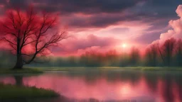 Spring Nature, lighting atmosphere, red sky, a small lake, deep trees, clouds