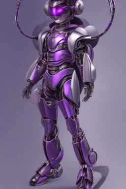 A Genderless Cyborg made of metal, has a human like face with a long violet ponytail, the cybord is wearing armor similar to Megaman Omega. The color palatte of the armour is deep purple and yellow.