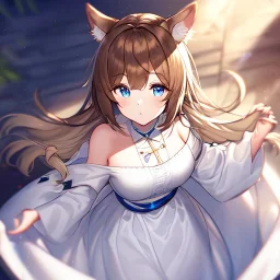 Clear focus, High resolution, Long fluffy brown hair, blue eyes, wearing a white skirt, detailed outfit, wearing a jacket oversized off shoulder, rough line, hair above ears, dog ears, off shoulder white shirt, chopped bangs, parted hair, medium locks straight