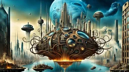 a stunningly weird image of a futuristic metropolis using Salvador Dali's paranoiac-critical method, where buildings and structures appear to melt into the skyline cityscape is filled with floating medusas and mad, twisted metal shapes that interact with the buildings and each other, forming a surreal tableau of a dreamlike reality. neu-steampunk vibe, essence of the scene in a cinematic manner, with dramatic shadows that enhance the distorted perspectives and bizarre mood