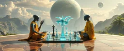 alien levitating yoga monk chess masters playing serious glowing chess on hex map in lounge on beautiful lush planet with huge transparent bird glass alien chess pieces of ships in fountain