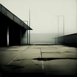 Minimal floating elements contemporary abstract oil paintings of desolate 1960s carpark with road markings and concrete fragments. Lone figure. Overlay with grungy typography graphics. style of Justin Mortimer and Francis Bacon.