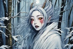 full color front facing portrait of a Yuki-Onna possessed woman with highly detailed hair and slim, narrow facial features, in a haunted snow clad, winter mountain bamboo forest, pierced by shafts of moonlight , danger lurks everywhere but she is undeterred and resolute in her purpose, art in the style of Alex Pardee, spirited away, studio ghibli, , 8k , finely detailed and precise line work, soft gauzy pastel colors