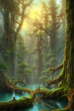 high-quality, fine-detail beautiful, milf warrior, breath-taking forest with gnarled trees, flowers, clear reflective lake, tranquil, stunning, 8k resolution, intricate, digital art, detailed matte, volumetric lighting, George Grie, Anne Dittman, Anne Stokes, Lisa Parker, Selina French, Alphonse Mucha