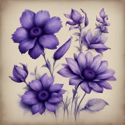 Hyper Realistic sketches of Grungy multicolor-Purple-&-Navy-blue flowers on a light-blue-vintage-paper