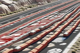 A reddish gray highway with speeding cars designed in Ica stones painted by MC Escher