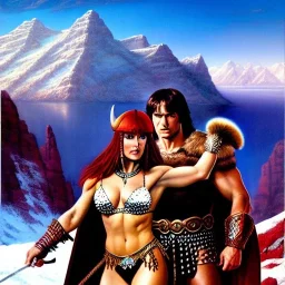 portrait of 'Conan and Red sonja',snow,mountains,horned helmet,ancient armor,painting by Earl Norem, simon Bisley,frazetta evan lee, Vallejo,kelly oil on canvas, cinematic composition, extreme detail,fit full head inside picture,8k