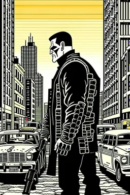 punisher sku;; CITY WALKING IN THE STREET AWAY FROM THE CAMERA the style of Hiroshi Nagai