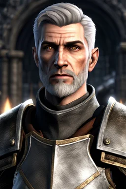 An old male imperial legion soldier from Skyrim with brown eyes, short gray hair and a light beard, Roman Legion armor