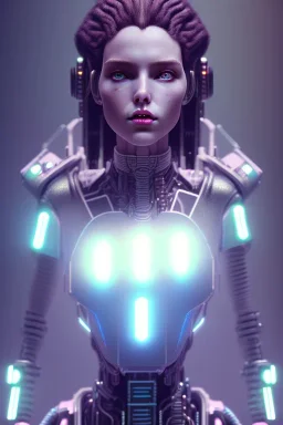 cyberpunk, head, robot, portrai, alone, high key lighting, volumetric light high details with white stripes and blue eye, smiling with plump pink lips, unreal engine petit prince belle fine, profil de trois quart, cristalline