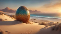 the coast of a desert seen from the top of a dune. dragon eggs on the beach. fantasy, cinematic lighting, hyper realisme, Hyperrealistic, splash art, concept art, mid shot, intricately detailed, color depth, dramatic, 2/3 face angle, side light, colorful background