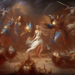 The battle of angels and demons, a painting with detailed and complete details and full HD, 4K, 8K, 16K, an artistic and magical work, realism, three-dimensional, voluminous, symmetrical