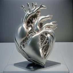 stainless steel sculpture of human flesh-like heart formed by human bodies