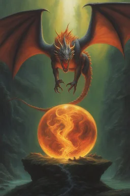 magic orb dripping with dragon fire. cloned wings. perfect claws. fantasy setting. concept art, intricately detailed, color depth, dramatic, colorful background. painted by Larry Elmore