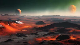 Landscape photograph on the surface of Io (moon of Jupiter), very tall mountains, volcanoes, pits, vents and lava flows, extensive smooth plains with a frosty coating in subtle shades of yellow, red, white, black, and green, Jupiter in the sky, exquisite composition, beautiful detailed intricate insanely detailed octane render, 16k artistic photography, photorealistic concept art, soft natural volumetric cinematic perfect light, chiaroscuro, award-winning photograph, masterpiece