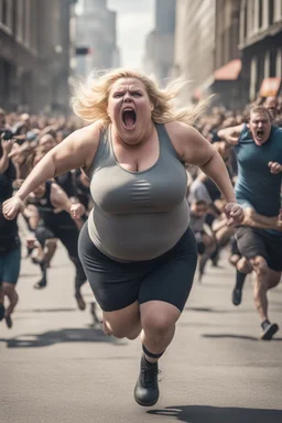 an obese terrified blonde woman in a crossfit outfit desperately running away from an angry mob of thousands of people chasing her down a city street while she is flailing her arms for dear life