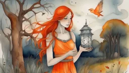Pintura de acuarela de una mujer blanca con cabello largo de color rojo, con un vestido largo naranja, sosteniendo una linterna, en un campo con un pájaro, un árbol y un edificio al fondo, esquema monocromático, iluminación suave y difusa, texturas rugosas.