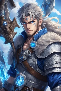 1man warrior in anime style, with blue eyes wearing silver Vikings armor with a blue crystal on his chest with a battle axe on the pirate ship, anime, anime style