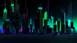 Digital and poly illustration of a minimalist and digital city with a dark background, colors are black, light blue and light green, and purple.