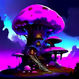 A fantabulous black, blue and magenta (((mushroom tower house))) erected atop a (geologic pillar), surrounded by the uncanny imaginative ((( swirling skies))), offset by the stark hues of a (neon-tinged nebulous space scape), within. captured by the hand a skilled master painter with a focus on (softly blurred compositions and voluminous lighting).