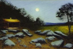 Night, moon, trees, cabin, pathway, rocks, vegetations, distant trees, distant mountains, philip wilson steer impressioniam painting